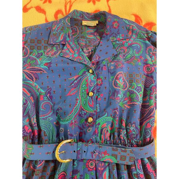 Vtg 70s - 80s Schrader long sleeve paisley belted dress SZ 10 pleated retro midi - Picture 3 of 9